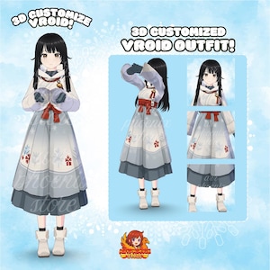 Könnte beinhalten: Ein 3D-angepasstes Vroid-Outfit mit Winterthema. Das Outfit umfasst einen weißen und grauen Mantel, einen langen Rock mit Schneeflocken- und Blumenmustern und weiße Stiefel. Der Text "3D CUSTOMIZE VROID!" und "3D CUSTOMIZED VROID OUTFIT!" ist ebenfalls enthalten.