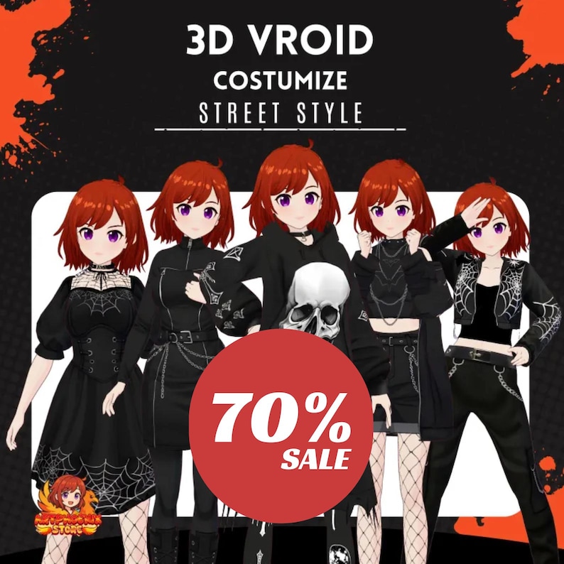 May include: An advertisement for 3D Vroid costumes in a street style. The image shows five anime-style characters with red hair and purple eyes, each in a different black outfit. A red circle with the text "70% SALE" is in the foreground.