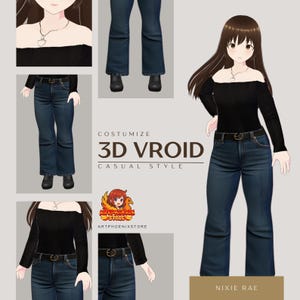 Op de afbeelding: Illustratie van een digitaal avatar in een zwarte off-the-shoulder top en donkerblauwe denim jeans. De jeans hebben een lichte flare aan de onderkant. De tekst "3D VROID CASUAL STYLE" is zichtbaar.