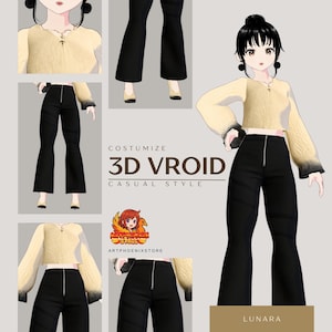 May include: A digital illustration of a 3D Vroid casual style outfit. The outfit includes a cream-colored, long-sleeved top with black accents and black flared pants. The image also features the text "3D VROID CASUAL STYLE".