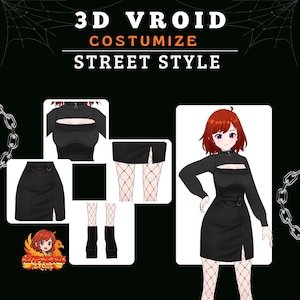 Könnte beinhalten: Werbung für 3D Vroid Streetstyle-Kleidung. Das Bild zeigt ein schwarzes Kleid mit Ausschnitt, einen schwarzen Rock, Netzstrümpfe und eine Zeichentrickfigur mit roten Haaren. Der Text enthält "3D VROID", "COSTUMIZE" und "STREET STYLE".