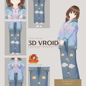 以下が含まれることがあります： カジュアルな服装のデジタルイラスト。ピンクと青のグラデーションのライトブルーのジャケットと、黄色の星と白い雲で飾られたライトブルーのジーンズが含まれています。「3D VROID CASUAL STYLE」というテキストも表示されています。
