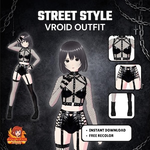 Könnte beinhalten: Digitale Illustration eines Street Style Vroid Outfits. Das Outfit umfasst ein schwarzes Crop-Top, Shorts und Fischärmel. Nahaufnahmen zeigen den Harness und die Schnürshorts. Der Text "Instant Download" und "Free Recolor" ist ebenfalls sichtbar.