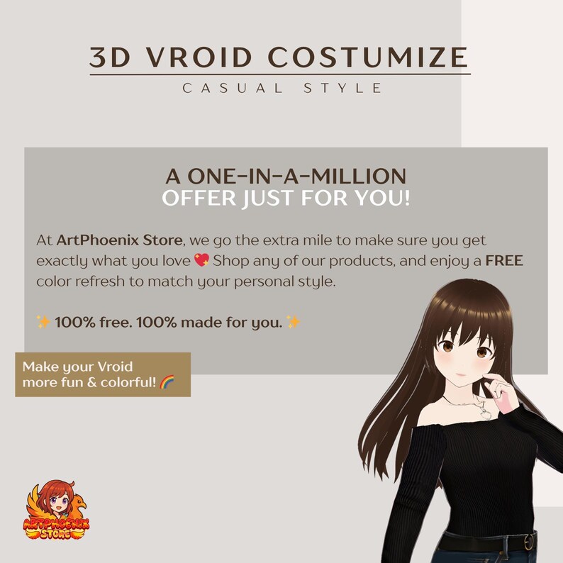 Op de afbeelding: Promotionele afbeelding voor 3D Vroid Costumize in casual stijl. De tekst luidt "Een unieke aanbieding!" en promoot een gratis kleuropfrissing. Een anime-stijl karakter wordt getoond, samen met het ArtPhoenix Store logo.