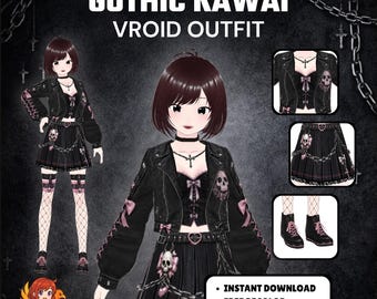 Clothes Clothing VRoid Gothic Kawaii Outfit | Skirt Pink Skull Punk Streetwear Dress Jacket (Digital Download)