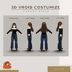 Op de afbeelding: Afbeelding van een 3D-model in casual kleding, weergegeven vanuit verschillende hoeken: voor, rechts, achter en links. Het model draagt een zwarte off-the-shoulder top, donkerblauwe jeans en zwarte schoenen. De tekst "3D VROID COSTUMIZE" en "CASUAL STYLE" is zichtbaar.