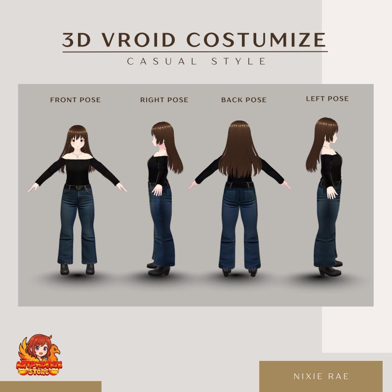 Op de afbeelding: Afbeelding van een 3D-model in casual kleding, weergegeven vanuit verschillende hoeken: voor, rechts, achter en links. Het model draagt een zwarte off-the-shoulder top, donkerblauwe jeans en zwarte schoenen. De tekst "3D VROID COSTUMIZE" en "CASUAL STYLE" is zichtbaar.