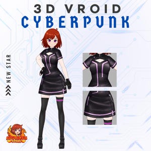 May include: A digital illustration of a character in a black and purple cyberpunk outfit. The outfit includes a dress, gloves, and thigh-high stockings. The image has text that reads "3D VROID CYBERPUNK" and "NEW STAR".