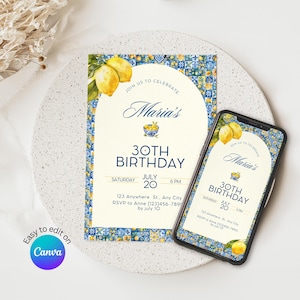 Amalfi Blue Tile Birthday Invitation Template, Citrus Mediterranean, Italian Party, Printable Canva Invite ab001