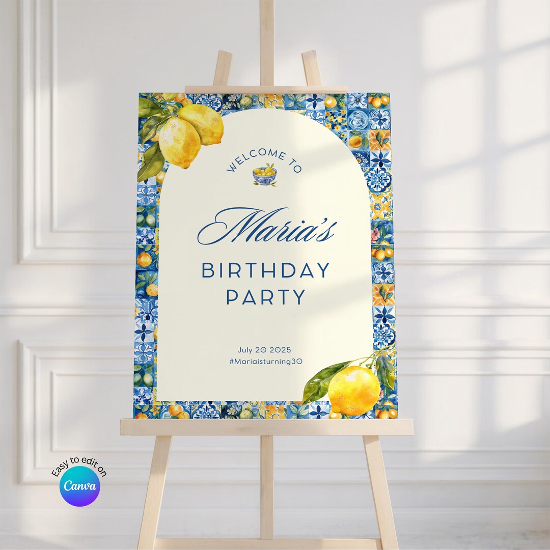 Amalfi Blue Tile Welcome Sign Template Editable Canva Mediterranean ...