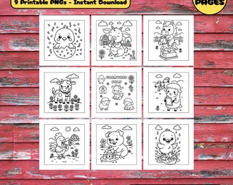 Farm Animal Coloring Pages for Kids – 9 Barnyard Coloring Book Bundle, Toddler Preschool Farm Activities, Digital Download