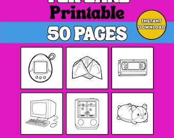 Målarbok för år 2000 | Digital nedladdning på 50 sidor för vuxna och tonåringar | Målarbilder med nostalgi från 2000-talet – Utskrivbar PDF-present för retroälskare