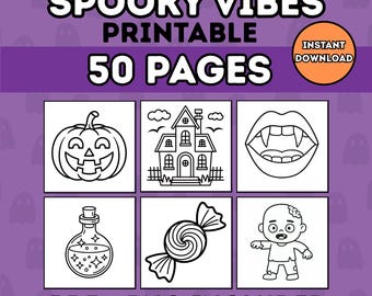 Cozy Bold and Easy Spooky Halloween Coloring Pages for Kids Adults 50 Printable Sheets PDF PNG Transparent Non-Transparent Digital Download