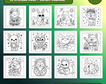 May include: A collection of 13 printable PNG pages featuring whimsical forest animals. The pages include a bunny in a teacup, a bear eating a popsicle, a fox roasting a marshmallow, and more. Text on the image reads "Silly & Cute Forest Friends Pages!"