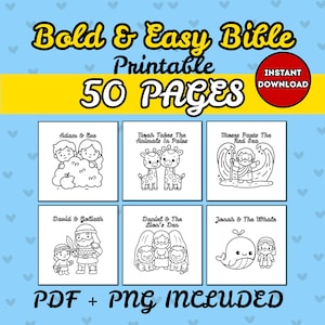 May include: A printable Bible study set with six illustrated scenes, including Adam & Eve, Noah's Ark, and Jonah and the Whale. The title reads "Bold & Easy Bible" with "50 PAGES" and "PDF + PNG INCLUDED" text. A red circle indicates "INSTANT DOWNLOAD".