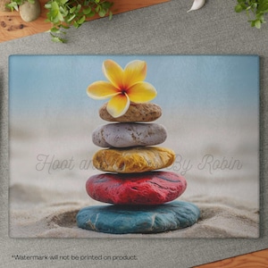 Glass Cutting Board,Hawaiian Beach Stacked Stones Plumeria Art,Kitchen Decor,Housewarming Gift,Kitchen Accessories,Cooking Christmas present