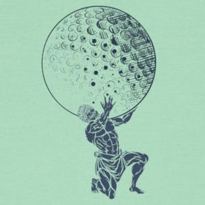 May include: A navy blue illustration depicts a muscular figure kneeling and supporting a large golf ball. The golf ball is detailed with dimples. The background is a light green color.