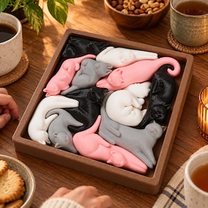 May include: A square brown tray containing a collection of small, smooth cat-shaped figurines in various poses. The cats are colored in solid shades of black, white, gray, and light pink, arranged closely together to fill the entire tray space.