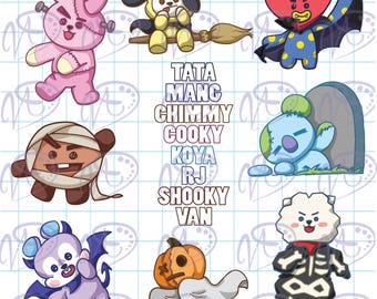 May include: A collection of cartoon character illustrations in Halloween costumes. Characters include a pink Frankenstein bunny, a yellow witch, a bat, a mummy, a ghost, and a skeleton. The names of the characters are also listed.