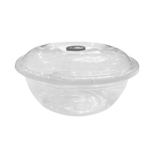 May include: A clear, round plastic bowl with a matching lid. The lid has a small, dark gray circular handle. The bowl and lid are transparent, allowing the contents to be visible. The bowl is designed for food storage.