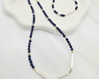Handgefertigtes Lapis Lazuli & Stick Perlen Schmuckset - Goldakzente