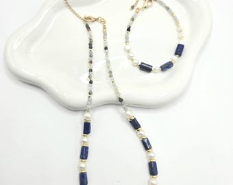 Lapis Lazuli & Perlen Kette Armband Set: Vergoldeter Edelsteinschmuck