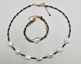 Lapislazuli & Münzperlen Schmuckset: Verstellbares Halsketten-Armband