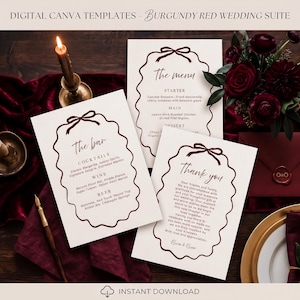 May include: A set of three white wedding stationery cards featuring a burgundy red scalloped border with a bow at the top. The cards display text for a menu, a bar list, and a thank you note. The text includes headings like the menu, the bar, and thank you.