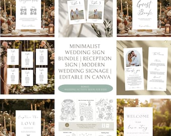 Plantilla de letrero de boda minimalista + libro de actividades de boda infantil adicional, set de letreros de boda editables, letreros de recepción modernos