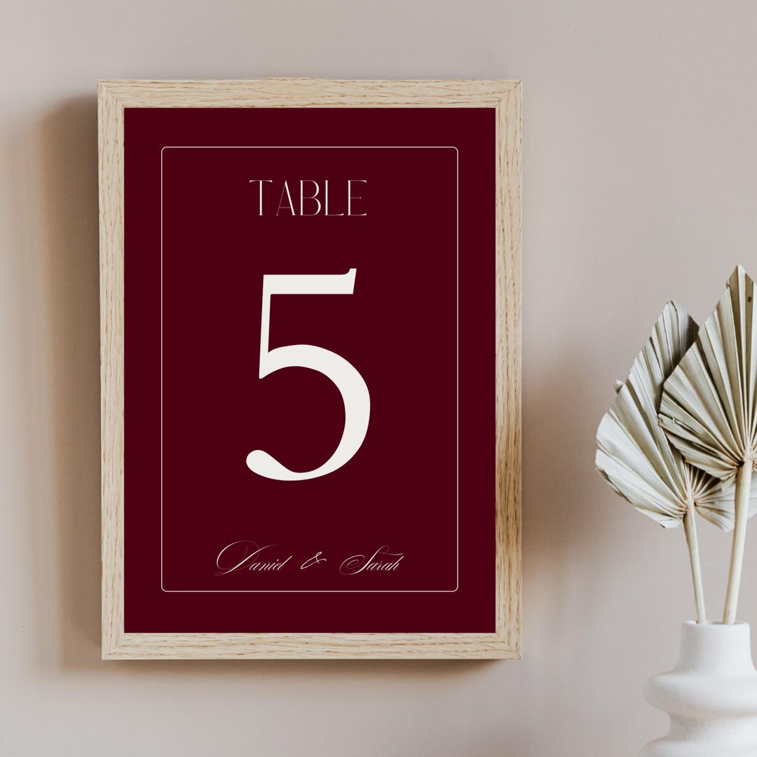 Burgundy Wedding Table Numbers Template 5x7" , Editable Table Number ...