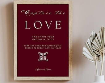 Plantilla para compartir fotos de boda en Borgoña, letrero de boda con código QR, letrero "Captura el amor", descarga instantánea