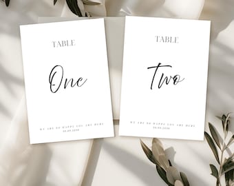 Plantilla minimalista para números de mesa de boda, tarjetas modernas y elegantes (editable en Canva)