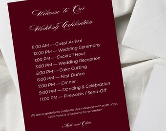 Letrero de orden de eventos para boda en Borgoña, cronograma moderno para el día de la boda, plantilla de cronograma para boda, letrero de cronograma para el día de la boda, agenda de itinerario