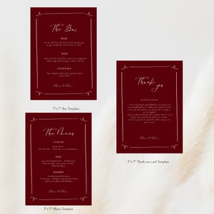 May include: Three rectangular 5" x 7" templates in deep burgundy with white text and a thin white border featuring decorative corner swirls. The set includes a bar menu, a food menu, and a thank you card, all signed with the names Olivia & Oliver.