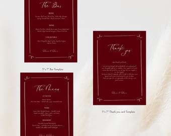 Plantilla de menú de bar y tarjeta de agradecimiento con diseño caprichoso color burdeos (descarga digital)
