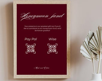 Plantilla de letrero para fondo de luna de miel en Borgoña, letrero con código QR para boda, imprimible para fondo de boda de PayPal y Wise, plantilla editable de Canva