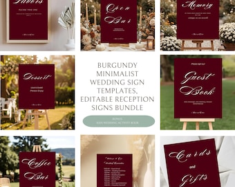 Plantillas de letreros de boda minimalistas en color burdeos, paquete de letreros de recepción editables, libro de actividades para bodas infantiles, páginas para colorear y juegos (imprimibles)