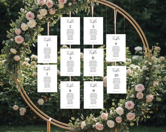 Tarjetas minimalistas para la distribución de asientos en bodas: Plantilla editable de Canva (descarga digital)