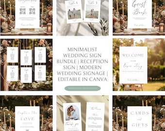 Paquete de letreros minimalistas modernos para bodas, letreros editables para la recepción en Canva (descarga digital)