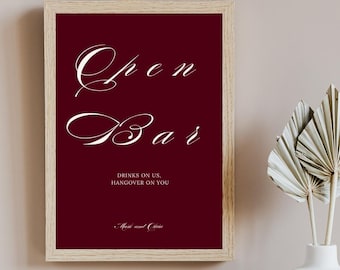 Plantilla de letrero para bar de bodas en color burdeos, letrero editable para menú de bebidas, letrero para boda con menú de cócteles, letrero de recepción moderno y elegante.