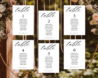 Plantilla minimalista para tarjetas de asientos de boda, tarjetas para lista de asientos de mesa, señalización elegante y moderna para recepción de boda, plantilla editable de Canva