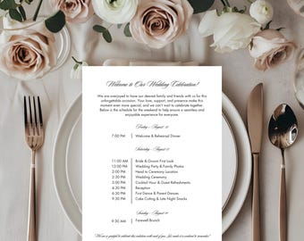 Plantilla de cronograma para el día de la boda, programa editable para la ceremonia y la recepción, itinerario para el fin de semana de la boda, cronograma y agenda para la fiesta nupcial