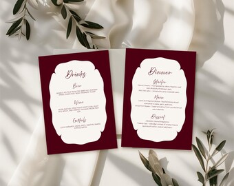 Plantilla de menú para cena y bebidas de boda en color burdeos (descarga digital)