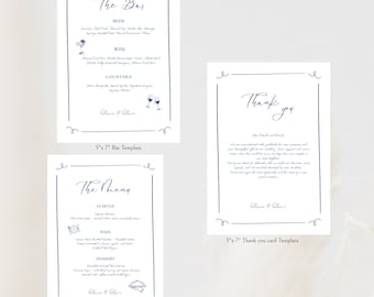 Plantilla de menú de bar y tarjeta de agradecimiento de estilo caprichoso en azul oscuro de 5x7" (Descarga digital)