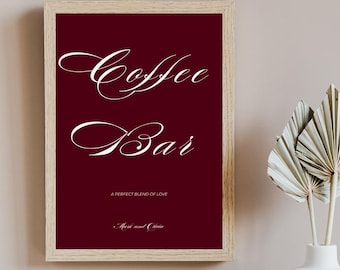 Letrero imprimible para boda con diseño de cafetería de Borgoña, letrero "Love is Brewing", letrero para estación de café de boda, decoración de cafetería