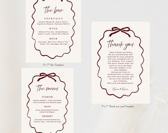 Plantilla de menú y tarjeta de agradecimiento de bar en color burdeos caprichoso (descarga digital)