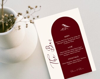 Menú de cena y bebidas de estilo caprichoso color burdeos (descarga digital)