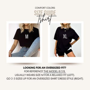 The image is a size guide for a black t-shirt, featuring two different sizes and styles.