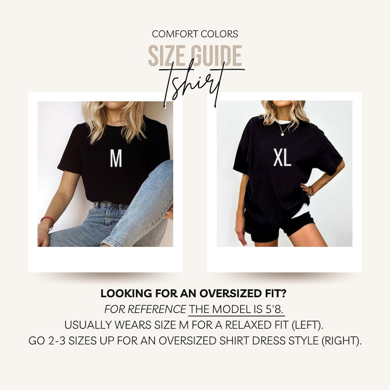 The image is a size guide for a black t-shirt, featuring two different sizes and styles.