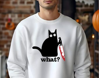 Funny Black Cat Sweatshirt, Cat With Knife Meme, Halloween Gift